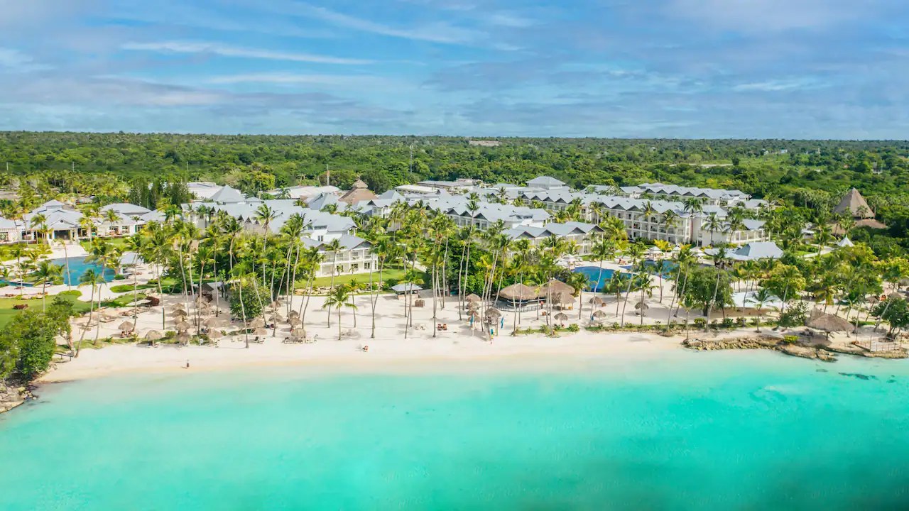 Aerial view of a beachfront resort on the Dominican Republic coastline