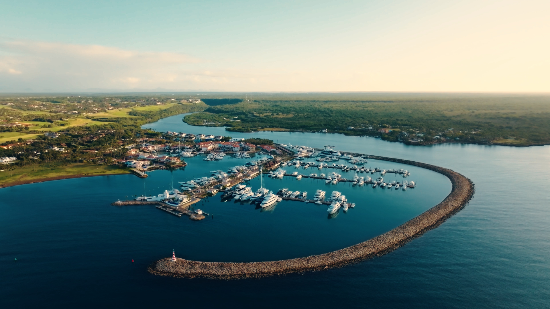 Aerial view of the Casa de Campo Marina in La Romana at sunset