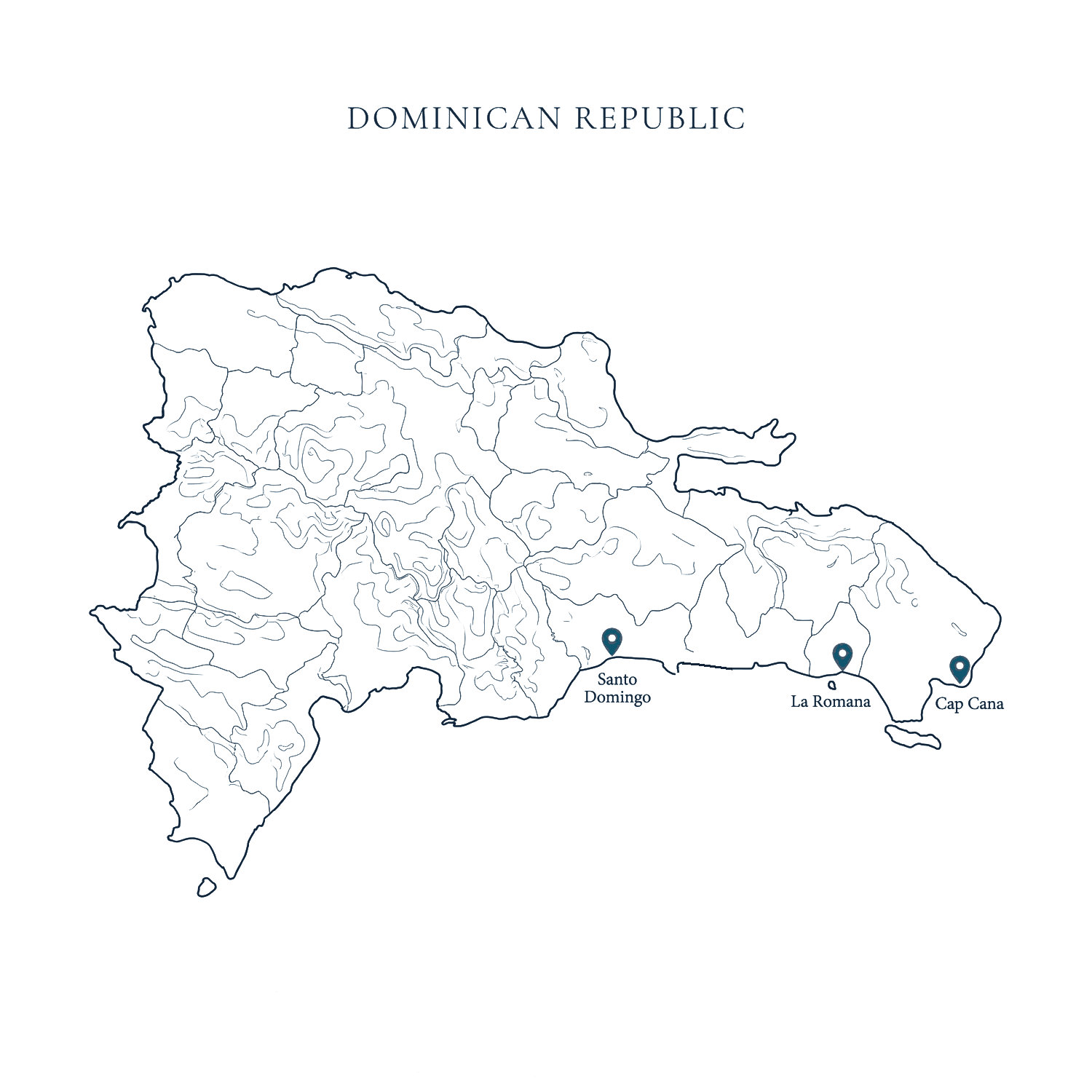 Map of the Dominican Republic marking HCI destinations in La Romana, Santo Domingo and Punta Cana