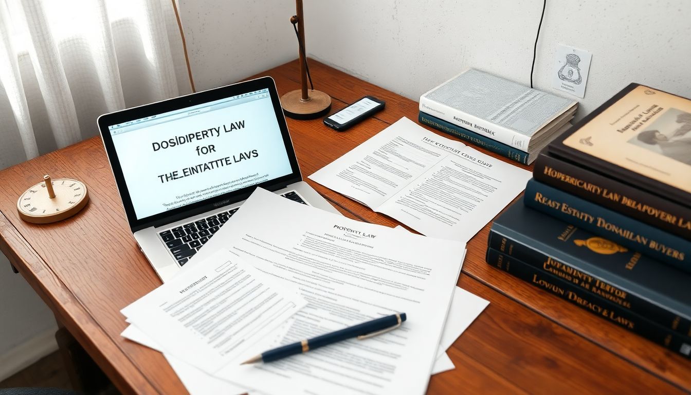 The image depicts a desk with legal documents, laptop, and books on real estate law.