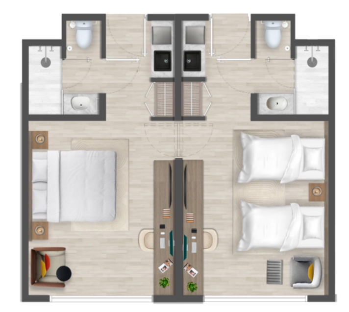Connecting Unit Features         Garden and Pool Views Available            Choose from configurations such as 1 Queen Bed + Twin Pull-Out Sofa or 2 Full-Size Beds — with 2 micro kitchens, 2 en-suite bathrooms, and optional balconies.            Total space ranges from 44–52 m² (474–560 sq ft).            Ideal for families or friends traveling together, these connecting units offer privacy, flexibility, and added comfort within a shared resort experience.