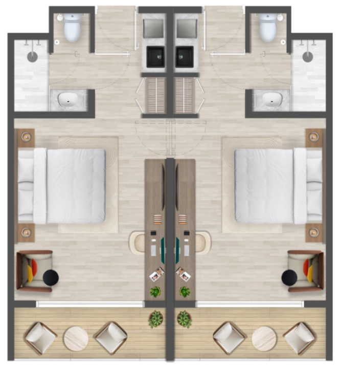 Connecting Unit Features         Garden and Pool Views Available            Choose from configurations such as 1 Queen Bed + Twin Pull-Out Sofa or 2 Full-Size Beds — with 2 micro kitchens, 2 en-suite bathrooms, and optional balconies.            Total space ranges from 44–52 m² (474–560 sq ft).            Ideal for families or friends traveling together, these connecting units offer privacy, flexibility, and added comfort within a shared resort experience.
